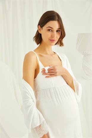 Monamise 18433489 Kadın Ekru Hamile Lohusa Seti Sabahlık Gecelik Pijama Takım