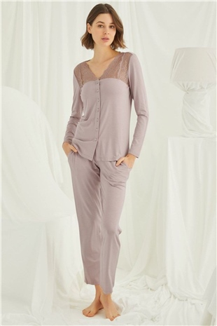 Monamise 18434 Kadın Vizon Uzun Kollu Pijama Takım