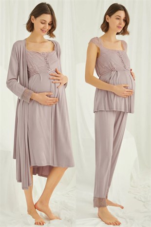 Monamise 18438440 Kadın Vizon Hamile Lohusa Seti Sabahlık Gecelik Pijama Takım