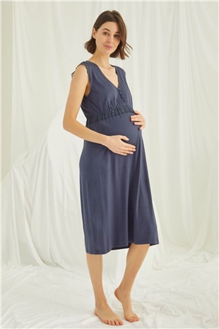 Monamise 18448 Kadın Lacivert Hamile Lohusa Kısa Kollu Gecelik