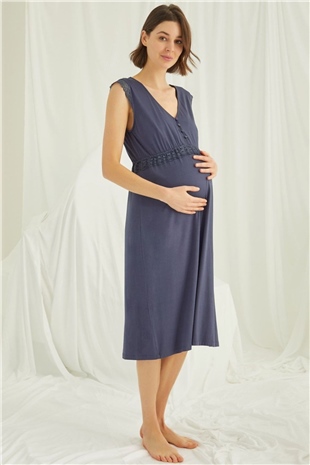 Monamise 18448 Kadın Lacivert Hamile Lohusa Kısa Kollu Gecelik