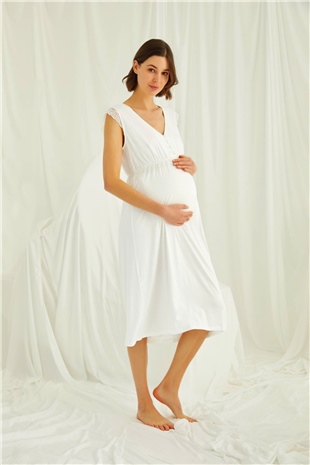Monamise 18450 Kadın Ekru Hamile Lohusa Kısa Kollu Gecelik