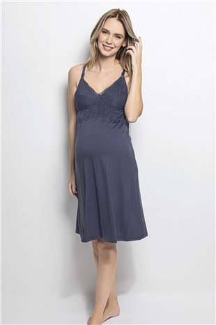 Monamise 18453 Kadın Lacivert Askılı Emzirme Özellikli Lohusa Gecelik