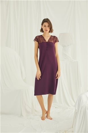 Monamise 18458 Kadın Bordo Kolu Dantelli Önü Düğmeli Büyük Beden Gecelik