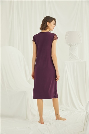 Monamise 18458 Kadın Bordo Kolu Dantelli Önü Düğmeli Büyük Beden Gecelik