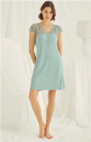 Monamise 18462 Kadın Açık Yeşil V Yaka Önden Düğmeli Dantelli Kısa Kollu Mini Gecelik