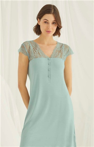 Monamise 18462 Kadın Açık Yeşil V Yaka Önden Düğmeli Dantelli Kısa Kollu Mini Gecelik