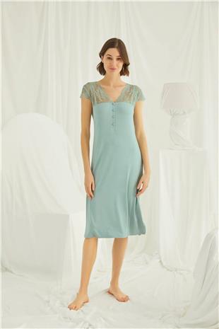 Monamise 18463 Kadın Açık Yeşil V Yaka Önden Düğmeli Dantelli Kısa Kollu Midi Büyük Beden Gecelik