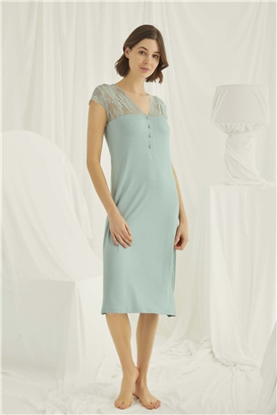 Monamise 18463 Kadın Açık Yeşil V Yaka Önden Düğmeli Dantelli Kısa Kollu Midi Büyük Beden Gecelik