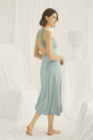 Monamise 18464 Kadın Açık Yeşil Yırtmaçlı Dekolte Gecelik