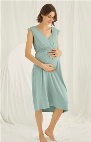 Monamise 18466 Kadın Açık Yeşil V Yaka Önden Düğmeli Kolsuz Midi Hamile Lohusa Gecelik