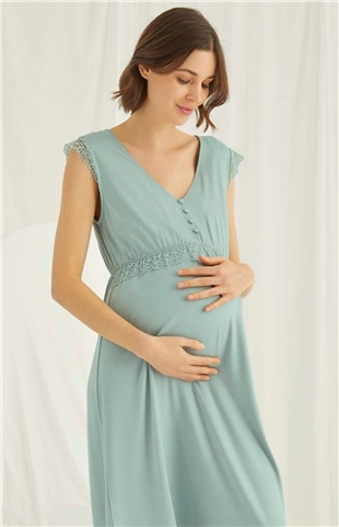 Monamise 18466 Kadın Açık Yeşil V Yaka Önden Düğmeli Kolsuz Midi Hamile Lohusa Gecelik