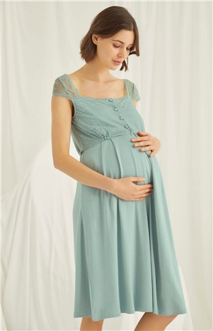 Monamise 18467 Kadın Açık Yeşil Önden Düğmeli Emzirme Özellikli Hamile Lohusa Gecelik Sabahlık Takım