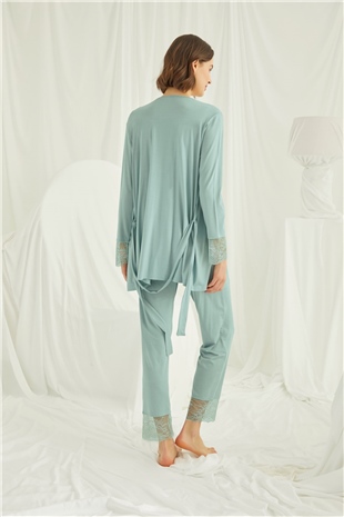 Monamise 18468 Kadın Açık Yeşil Dantelli Önü Düğmeli Hamile Lohusa 3lü Sabahlıklı Pijama Takımı