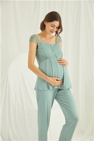 Monamise 18468 Kadın Açık Yeşil Dantelli Önü Düğmeli Hamile Lohusa 3lü Sabahlıklı Pijama Takımı