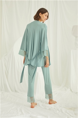 Monamise 18469 Kadın Açık Yeşil Dantelli Hamile Lohusa 3lü Askılı Sabahlıklı Pijama Takımı