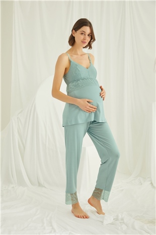 Monamise 18469 Kadın Açık Yeşil Dantelli Hamile Lohusa 3lü Askılı Sabahlıklı Pijama Takımı