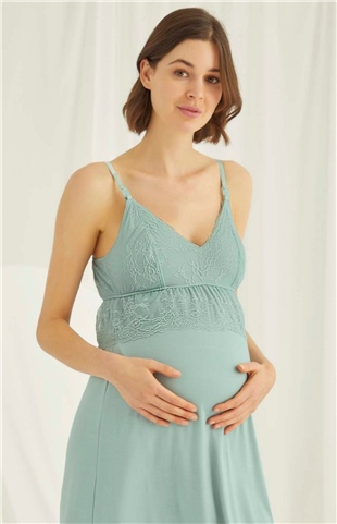 Monamise 18470 Kadın Açık Yeşil Askılı Emzirme Özellikli Hamile Lohusa Gecelik Sabahlık Takım