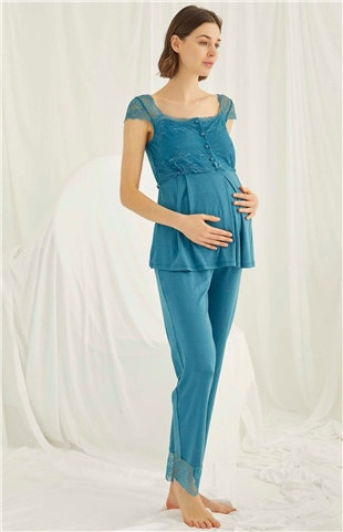 Monamise 18477 Kadın Petrol Mavisi Önden Düğmeli Emzirme Özellikli Hamile Lohusa Sabahlıklı Pijama Takım