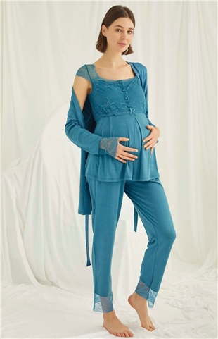 Monamise 18477 Kadın Petrol Mavisi Önden Düğmeli Emzirme Özellikli Hamile Lohusa Sabahlıklı Pijama Takım