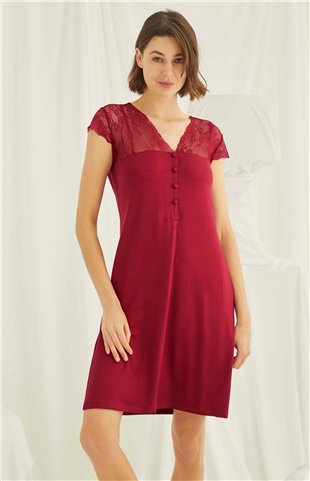 Monamise 18480 Kadın Kırmızı V Yaka Önden Düğmeli Dantelli Kısa Kollu Mini Gecelik