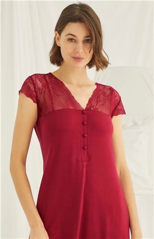 Monamise 18480 Kadın Kırmızı V Yaka Önden Düğmeli Dantelli Kısa Kollu Mini Gecelik
