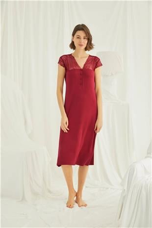Monamise 18481 Kadın Kırmızı V Yaka Önden Düğmeli Dantelli Kısa Kollu Midi Büyük Beden Gecelik