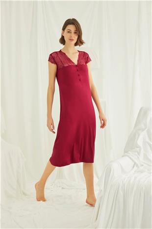 Monamise 18481 Kadın Kırmızı V Yaka Önden Düğmeli Dantelli Kısa Kollu Midi Büyük Beden Gecelik