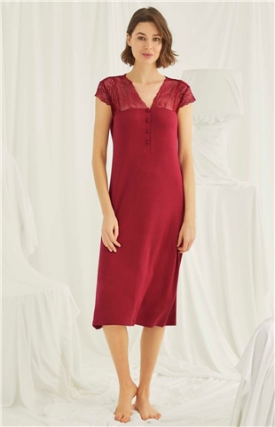 Monamise 18481 Kadın Kırmızı V Yaka Önden Düğmeli Dantelli Kısa Kollu Midi Büyük Beden Gecelik