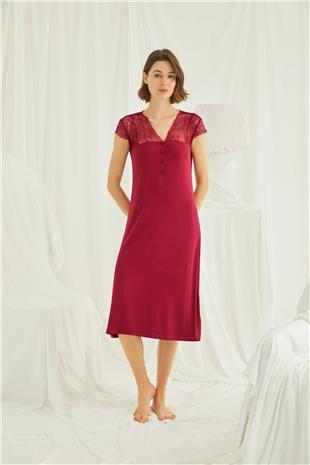 Monamise 18481 Kadın Kırmızı V Yaka Önden Düğmeli Dantelli Kısa Kollu Midi Büyük Beden Gecelik