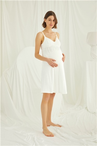 Monamise 18489 Kadın Ekru Dantelli İp Askılı Hamile Lohusa Gecelik