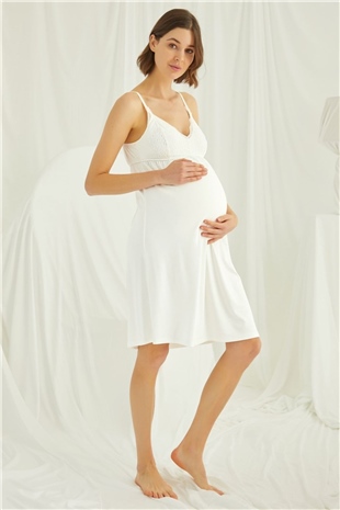 Monamise 18489 Kadın Ekru Dantelli İp Askılı Hamile Lohusa Gecelik