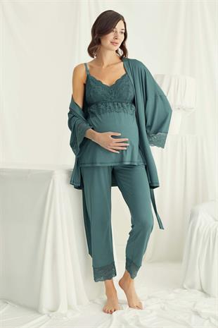 Monamise 18523 Kadın Yesıl Hamile Lohusa Sabahlıklı Emzirme Özellikli Pijama Takımı