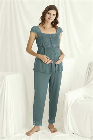 Monamise 18535 Kadın Yesıl Hamile Lohusa Sabahlıklı Emzirme Özellikli Pijama Takımı