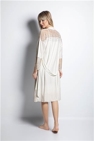 Monamise 19150 Kadın Ekru Dantelli Gecelik Sabahlık Takım