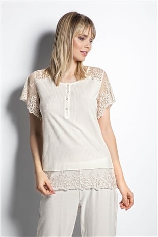 Monamise 19154 Kadın Ekru Yaka Düğmeli Dantel Detaylı Kapri Takım