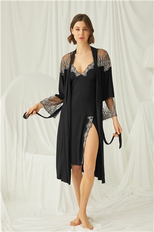 Monamise 19190 Kadın Siyah Gecelik Sabahlık Takım