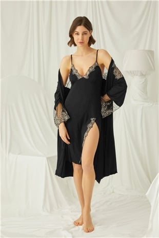 Monamise 19190 Kadın Siyah Gecelik Sabahlık Takım