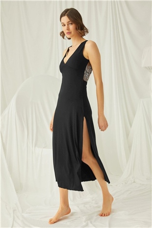 Monamise 19192 Kadın Siyah Kısa Kollu Gecelik