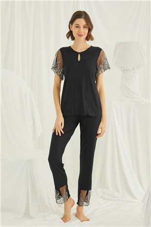 Monamise 19193 Kadın Siyah Kısa Kollu Pijama Takım
