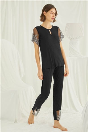 Monamise 19193 Kadın Siyah Kısa Kollu Pijama Takım