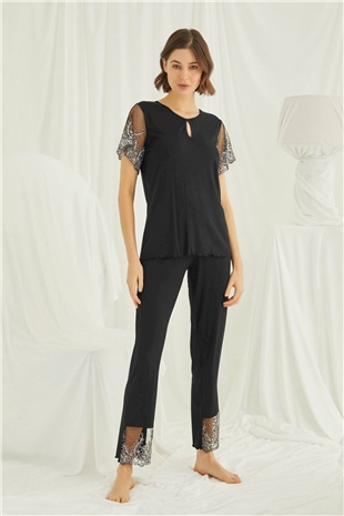Monamise 19193 Kadın Siyah Kısa Kollu Pijama Takım