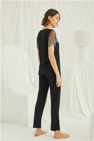 Monamise 19193 Kadın Siyah Kısa Kollu Pijama Takım