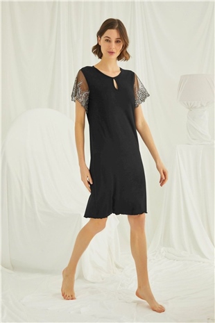 Monamise 19194 Kadın Siyah Kısa Kollu Gecelik