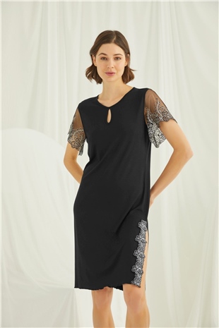 Monamise 19194 Kadın Siyah Kısa Kollu Gecelik