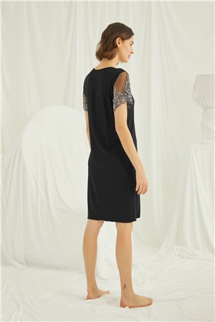 Monamise 19194 Kadın Siyah Kısa Kollu Gecelik