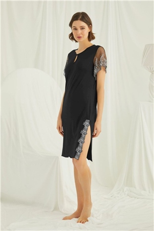 Monamise 19194 Kadın Siyah Kısa Kollu Gecelik