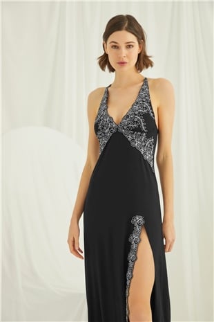 Monamise 19195 Kadın Siyah Kısa Kollu Gecelik