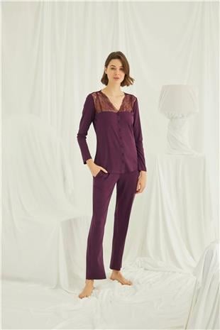 Monamise 19230 Kadın Bordo Uzun Kollu Pijama Takım