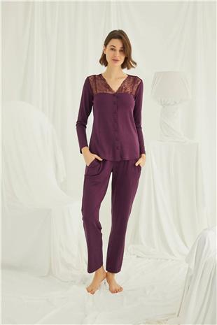 Monamise 19230 Kadın Bordo Uzun Kollu Pijama Takım